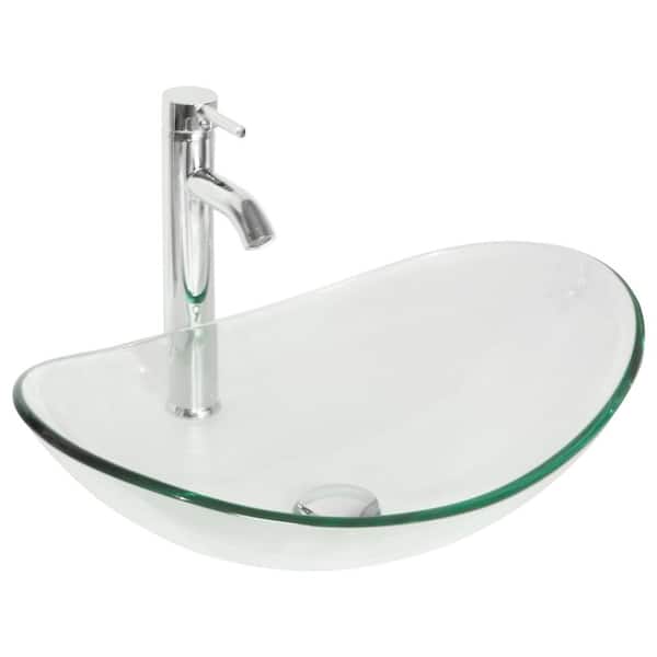 Flynama Solid Tempered Glass Oval Bathroom Vessel Sink in Clear with Chrome Faucet and Pop-Up Drain