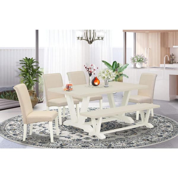 East West Furniture 6-Piece Rectangle Natural Oak Finish Solid Wood Top Dining Table with 1-Bench, 4-Chairs with Lattice Back