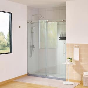 60 in. W x 76 in. H Frameless Sliding Shower Door in Brushed Nickel with Explosion-Proof Clear Glass