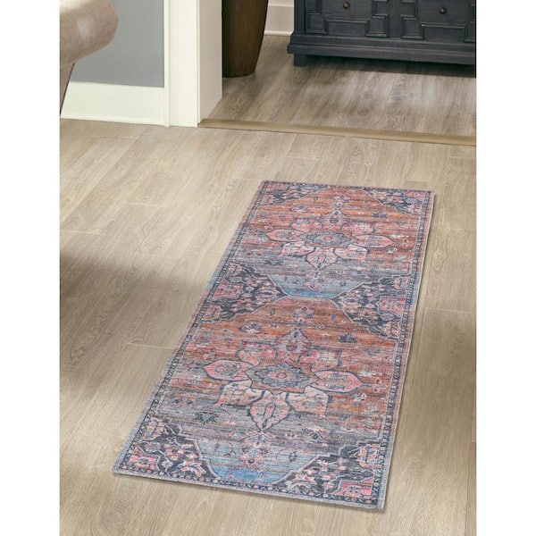 Blue 2' x 7' 10 Washable Nostalgia Runner Rug