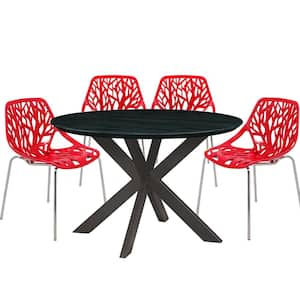 Ravenna 5-Piece Dining Set with 4-Stackable Plastic Chairs and Round Table with Geometric Base, Red