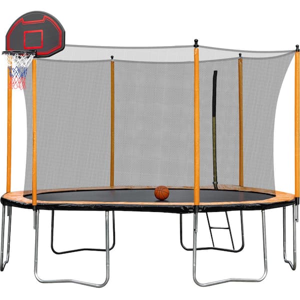 12 ft. Outdoor Round Orange Trampoline with Basketball Hoop FCBF11 296 The Home Depot