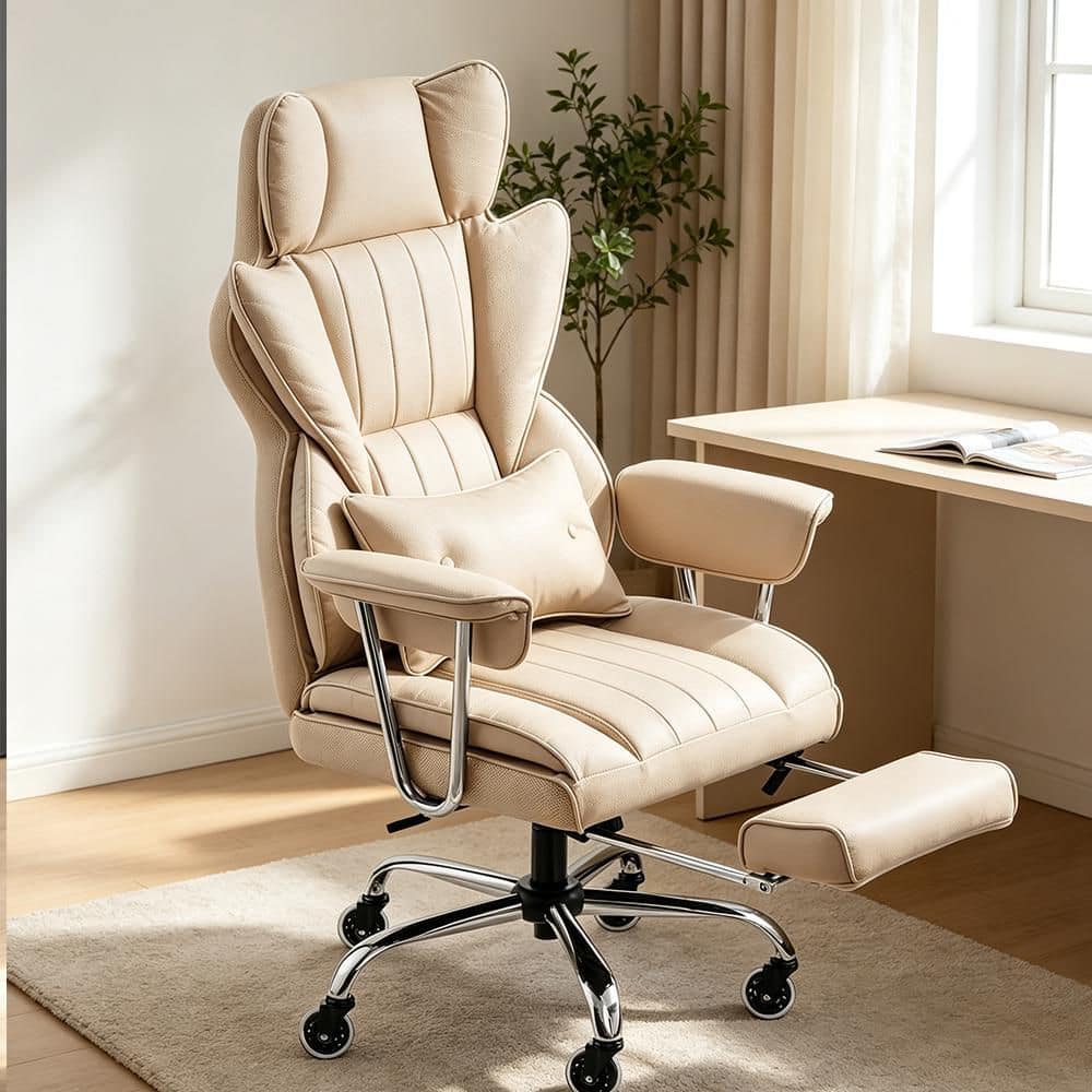 400 lbs. PU Leather Task Chair with Footrest and Lumbar Support, Khaki in Beige Coffee