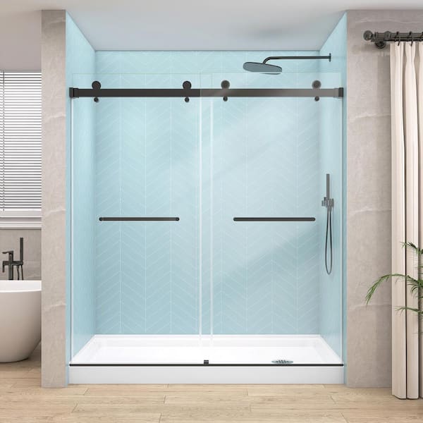 Getpro 60 in. W x 76 in. H Sliding Frameless Double Bypass Alcove Glass Shower Door in Matte Black 5/16 in. Clear Glass