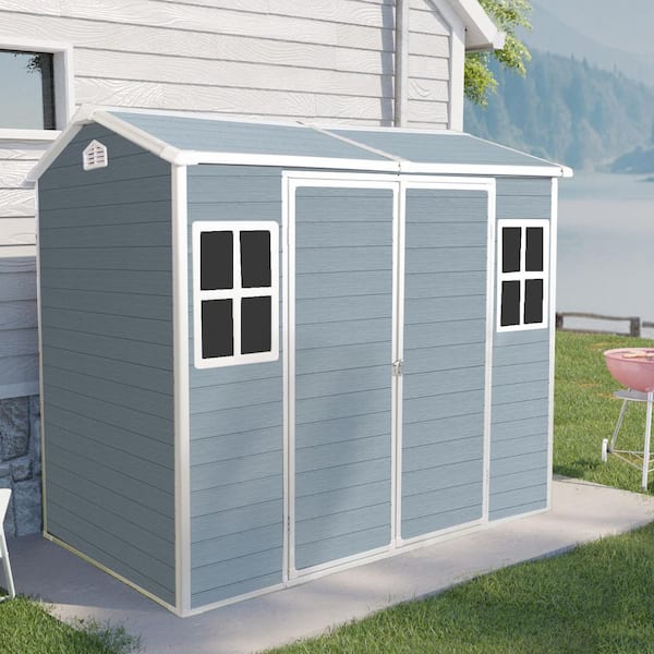 8 ft x 4 ft resin outdoor storage shed tool shed, covered area 32 sq. ft. with floor and windows and lockable door, Grey