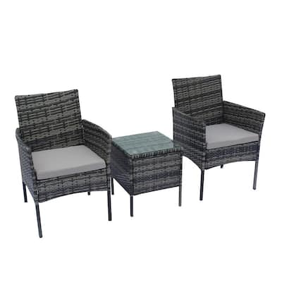 Robison 3-Piece Gray Wicker Patio Conversation Set with Arms and Gray Cushions