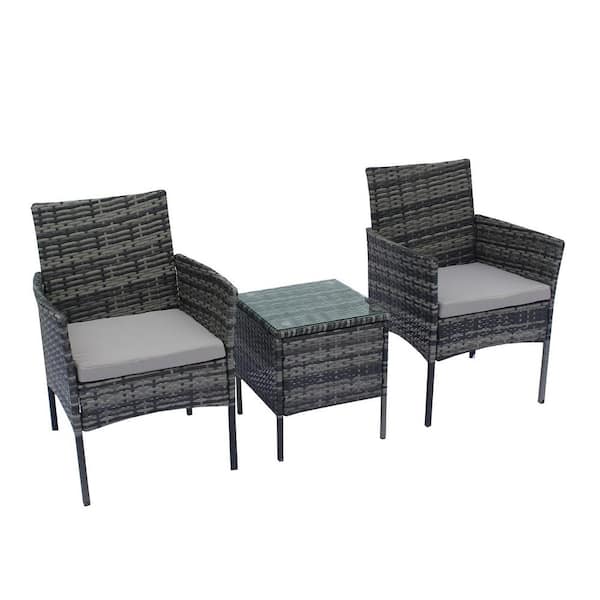 Inner Decor Robison 3-Piece Gray Wicker Patio Conversation Set with Arms and Gray Cushions