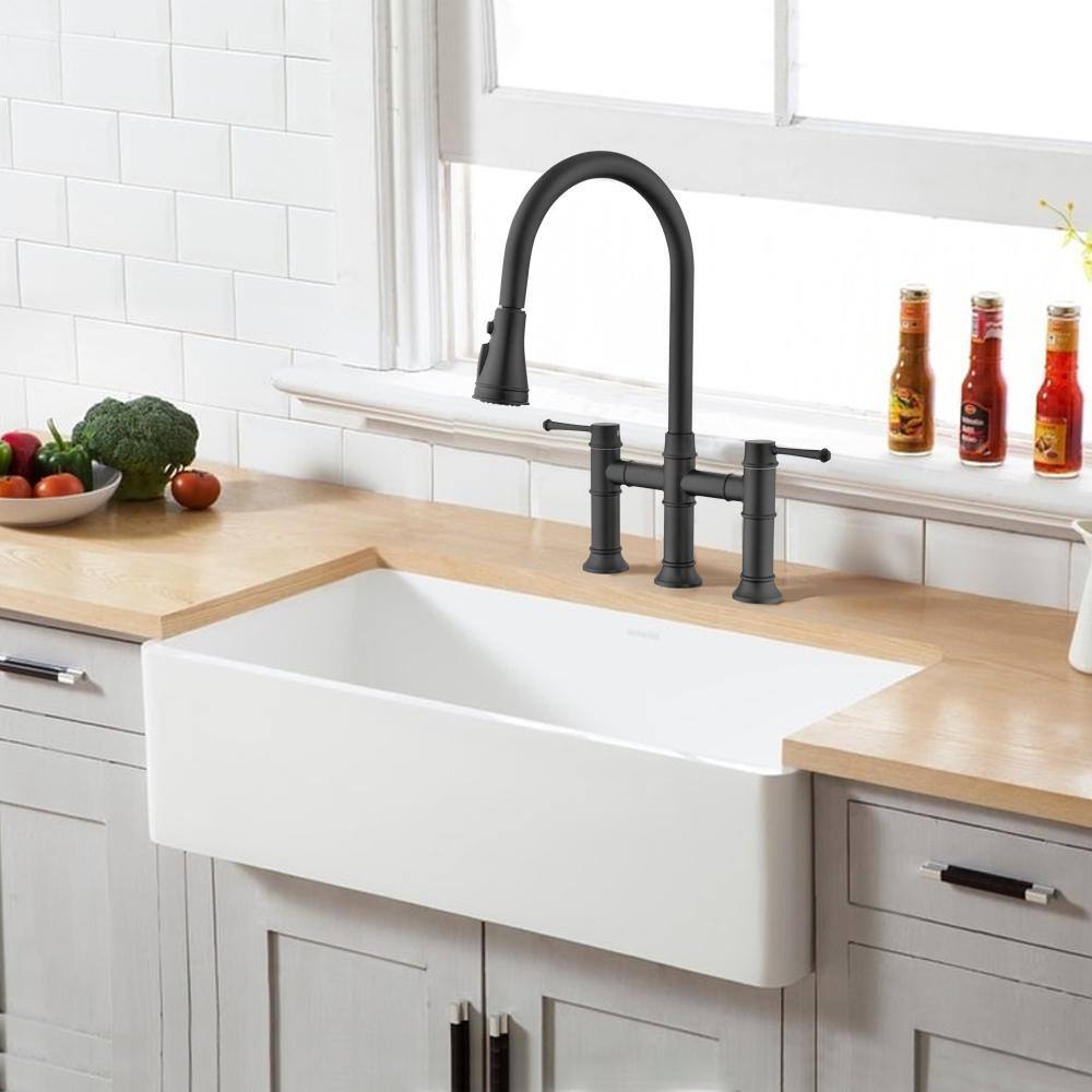 Double Handle Bridge Kitchen Faucet with Pull-Down Spray Head, Stainless St