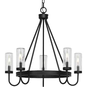Swansea Collection 4-Light 24 in. Matte Black Round Transitional Outdoor Chandelier with Clear Glass Shades