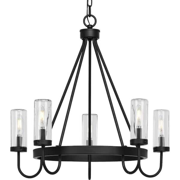 Progress Lighting Swansea Collection 4-Light 24 in. Matte Black Round Transitional Outdoor Chandelier with Clear Glass Shades