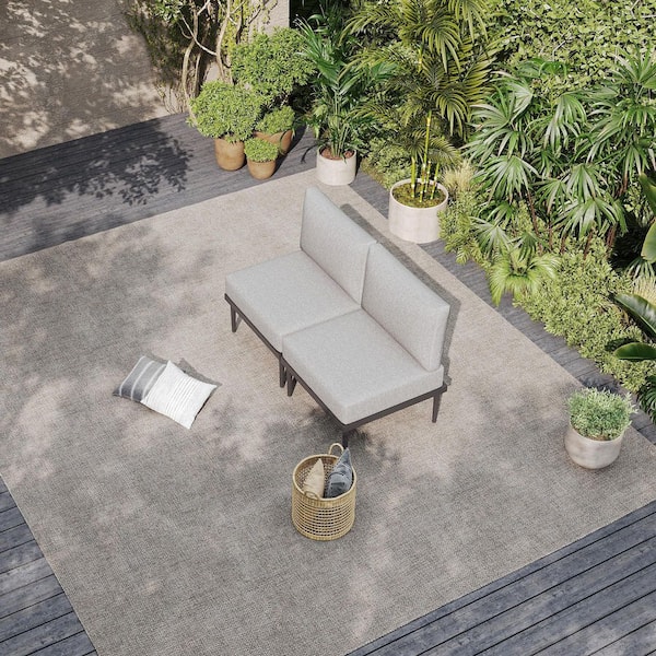 2 Piece Metal Outdoor Patio Furniture Set with 2-Single Sofa, Conversation Chair with Grey Cushions and Grey Frame