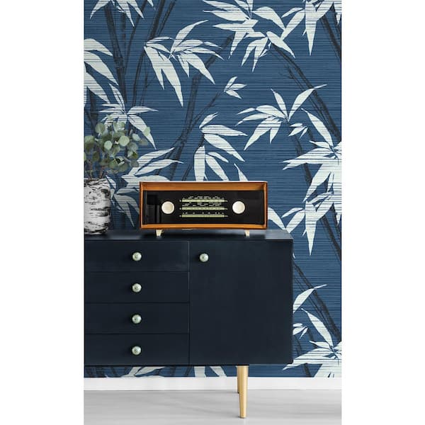 60.75 sq. ft. Navy Blue Bamboo Tropics Paper Unpasted Wallpaper Roll
