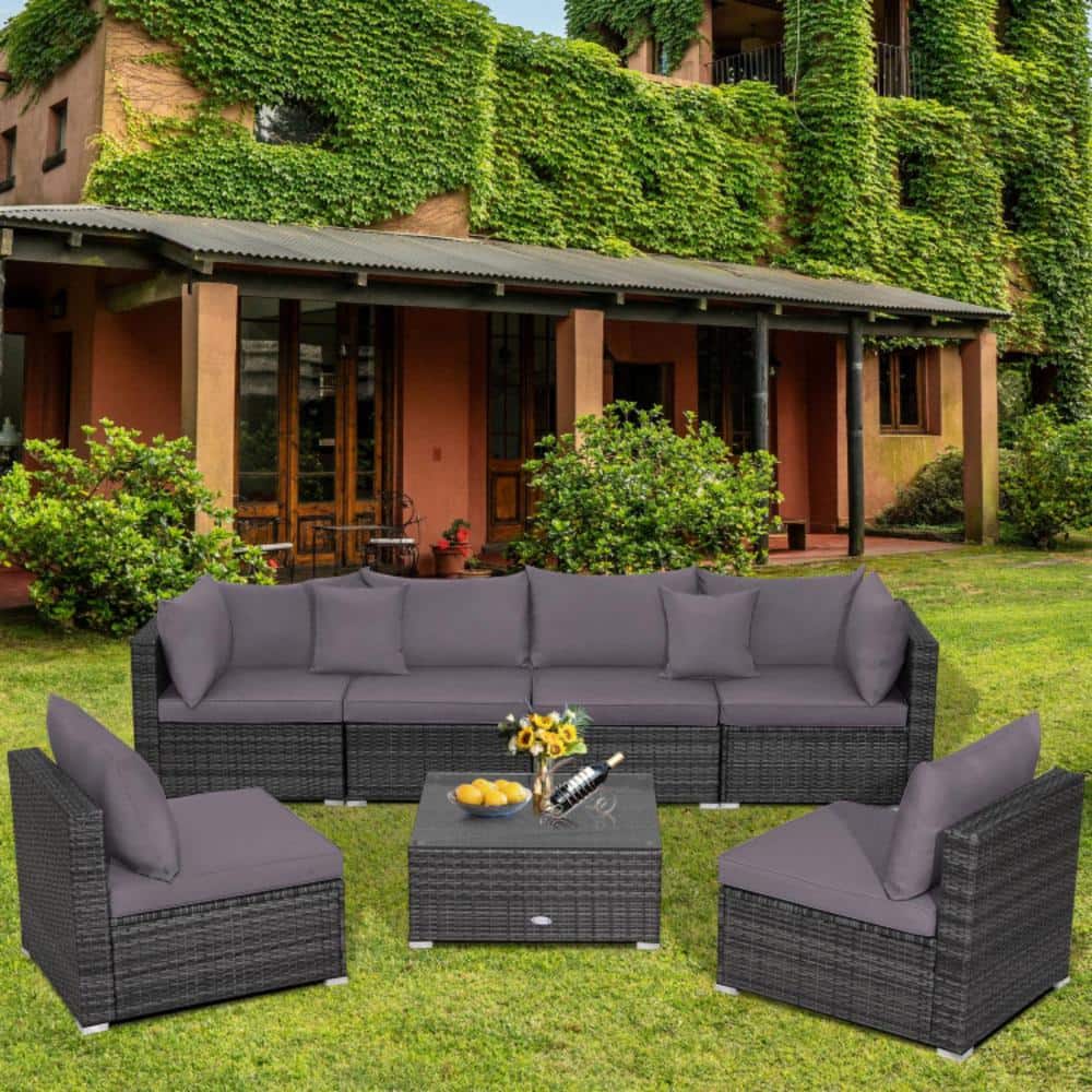 Gray 7-Piece PE Rattan Sectional Sofa Set with Cushions