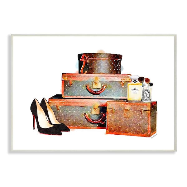 Stupell Industries 10 in. x 15 in. "Fashion Travel Luggage Set with Stilettos and Makeup" by Artist Amanda Greenwood Wood Wall Art