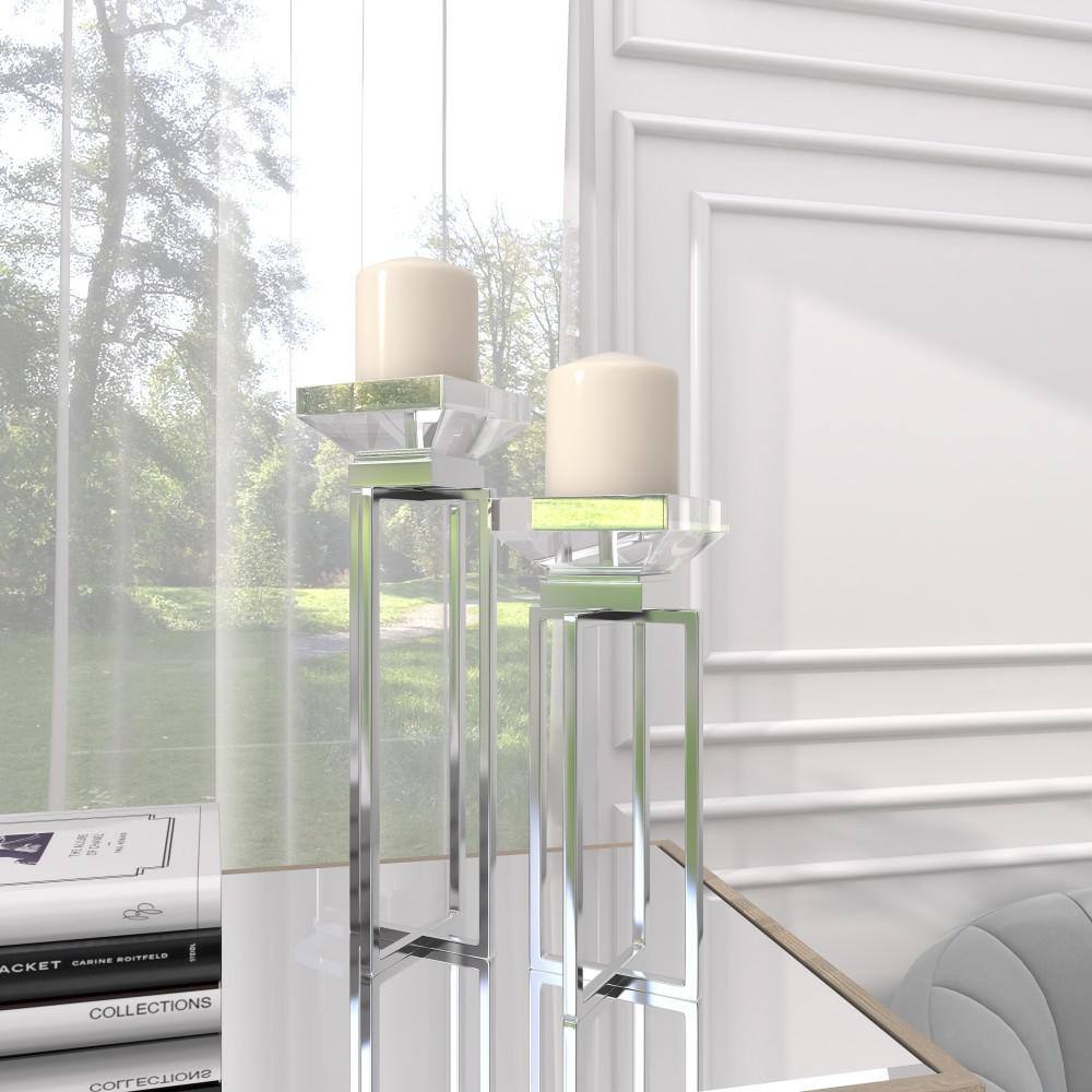 Silver Stainless Steel Square Candle Holders, Set of 2