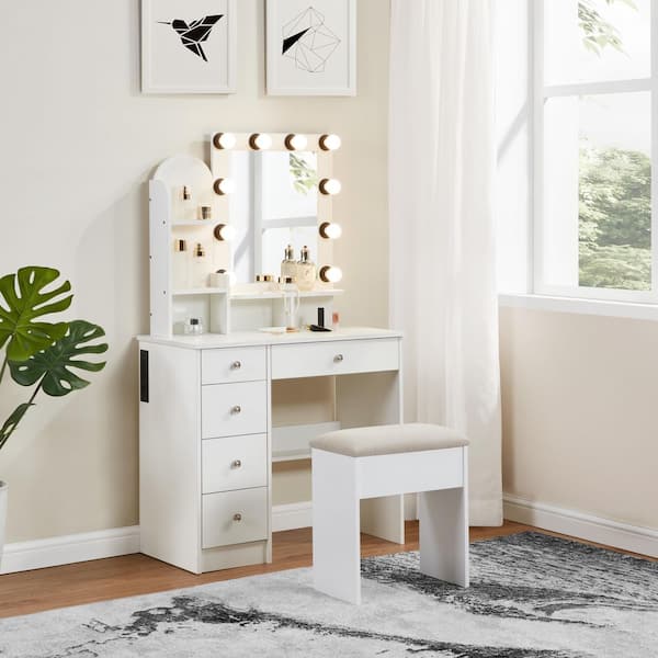 PERRLY 5-Drawers Snow White Makeup Vanity Set with Mirror, Stool, LED Lights, Charging Station and 5 Open Shelves