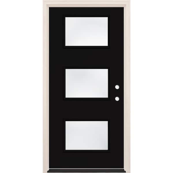 Builders Choice 36 in. x 80 in. Left-Hand/Inswing 3-Lite Clear Glass Onyx Painted Fiberglass Prehung Front Door w/4-9/16 in. Frame