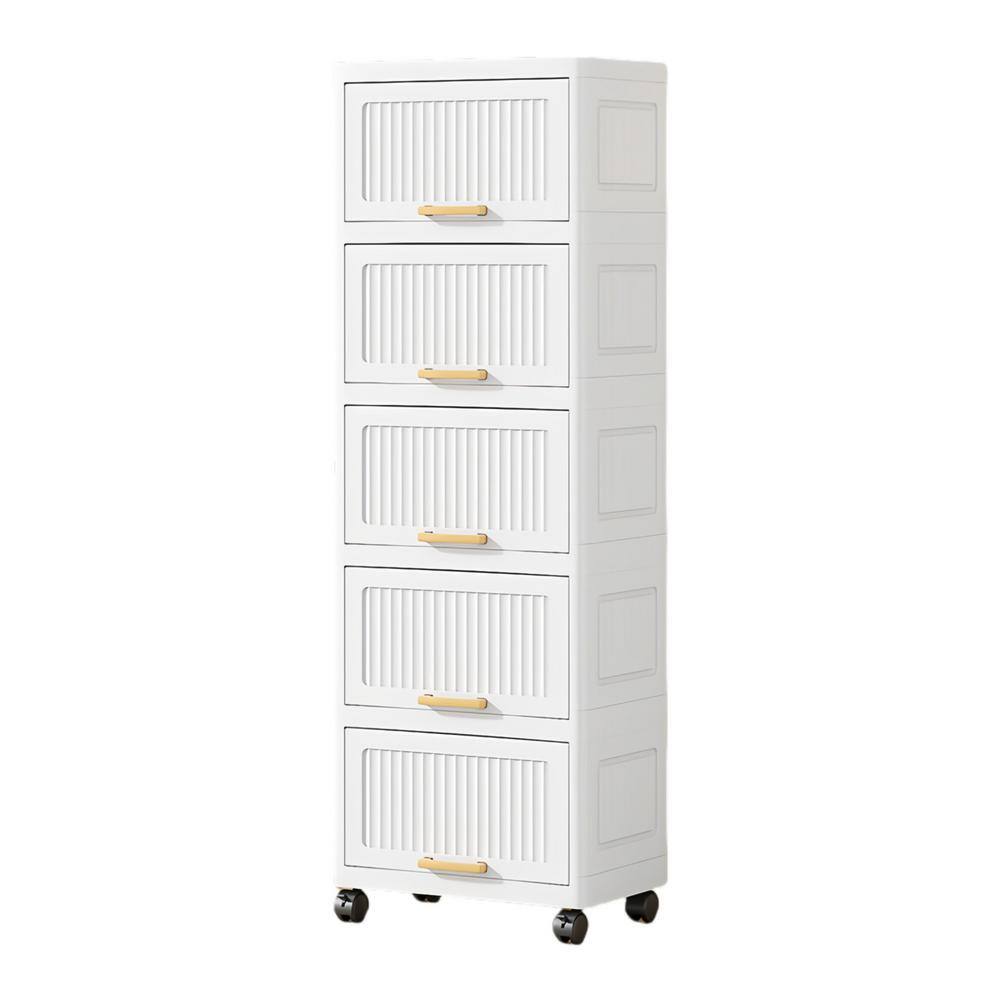 5-Layers Flip Open Storage Box With Wheels, Movable Storage Cabinet, Kitchen Shelf, Movable Storage Box-White