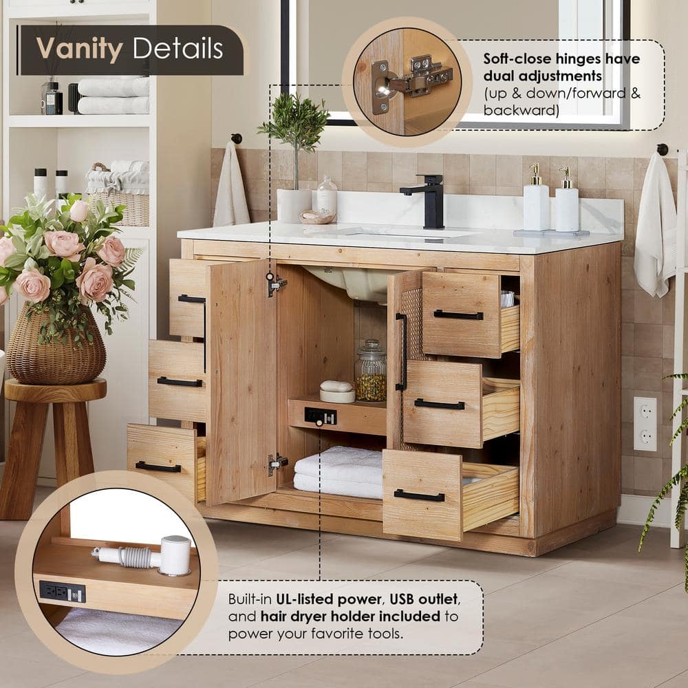Light Brown Fir Wood Vanity with Calacatta Quartz Top, 48 Inch