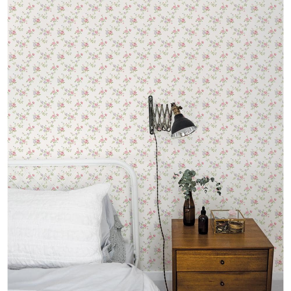 Ivory and Pink Floral Trail Vinyl Wallpaper Roll