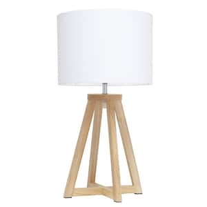 19 in. Natural Wood Interlocked Triangular Table Lamp with White Fabric Shade