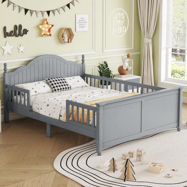 Whitney Gray Kids Bed Wood Frame Full Size Platform Bed with Headboard, Footboard, and Guardrails