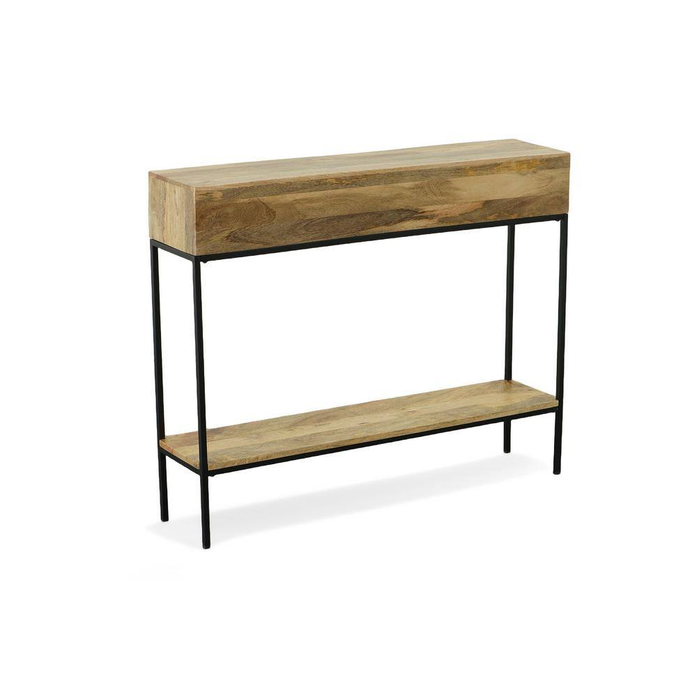 Natural Mango Wood and Black Metal Console Table with Storage
