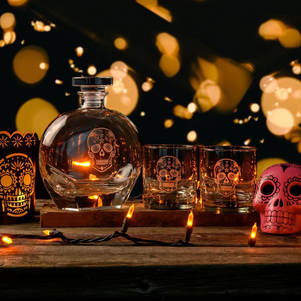 Clear Glass Sugar Skull Whiskey Decanter and Glasses Set