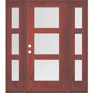 BRIGHTON Modern 64 in. x 80 in. 3-Lite Right-Hand/Inswing Satin Glass Redwood Stain Fiberglass Prehung Front Door w/DSL