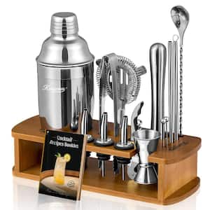 Cocktail Mix Set 15-Piece Silver Stainless Steel Kit Stand Martini Shaker, Jigger, Strainer, Spoon, Muddler, Pourer