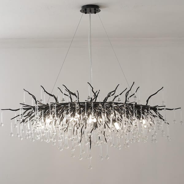 YUYI Modern Chandelier 47 in. 13-Lights Black Luxury Crystal Globe Linear Chandelier for Dining Room, Kitchen Island, Foyer