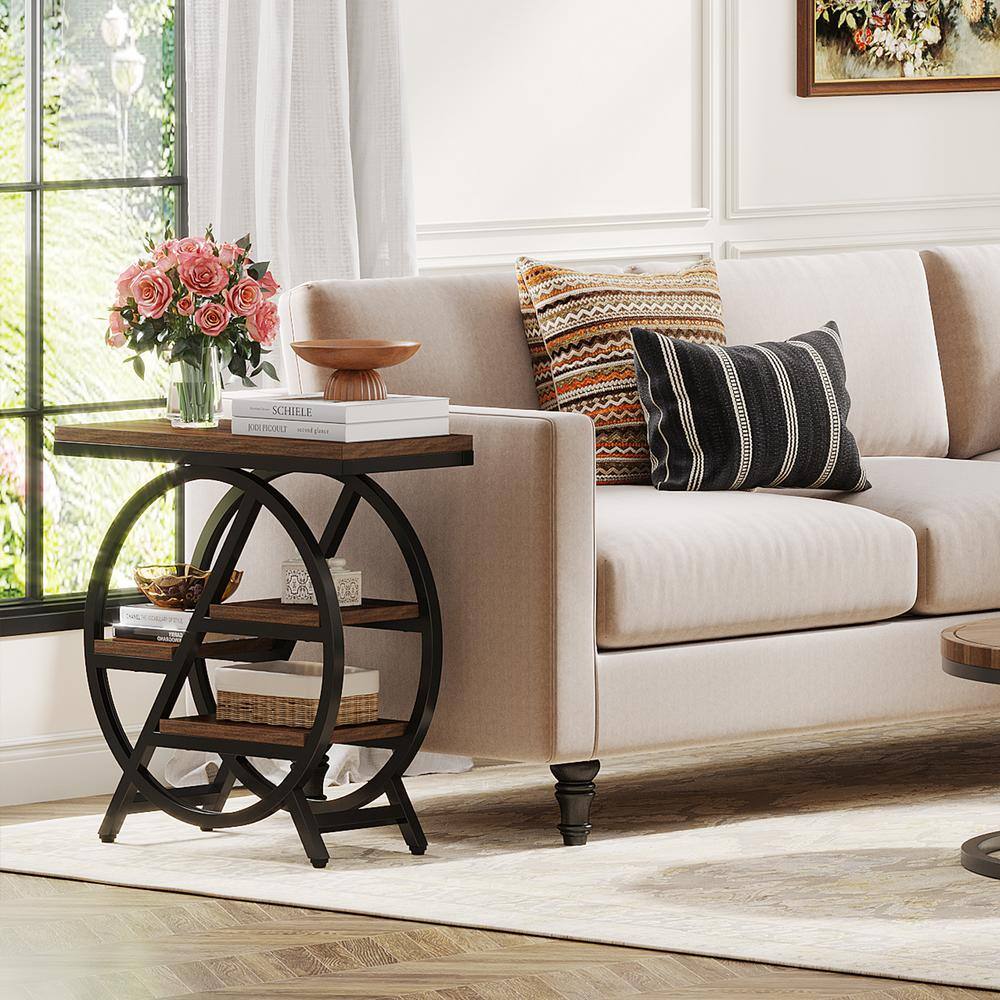 25.59 in. Rustic Brown Rectangle Engineered Wood End Table, 3-Tier Narrow Side Table with Storage, Set of 2 - thumbnail 8