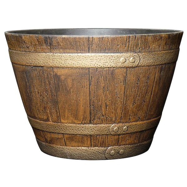 15 in. Dia x 10.15 in. H Oak Brown Plastic 5 Gallons Round Whiskey Barrel Planter