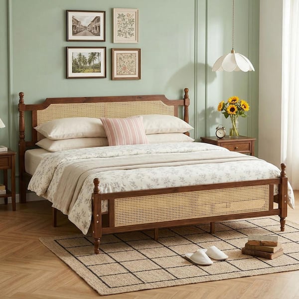Solid Wood Brown Rattan Bed Frame King Platform Bed w/ Cane Headboard and Footboard, Turned Posts, No Box Spring Needed