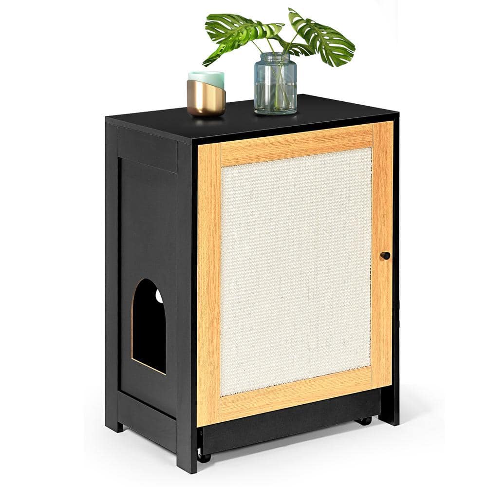 Black Particle Board Cat Litter Box Enclosure with Sisal Door