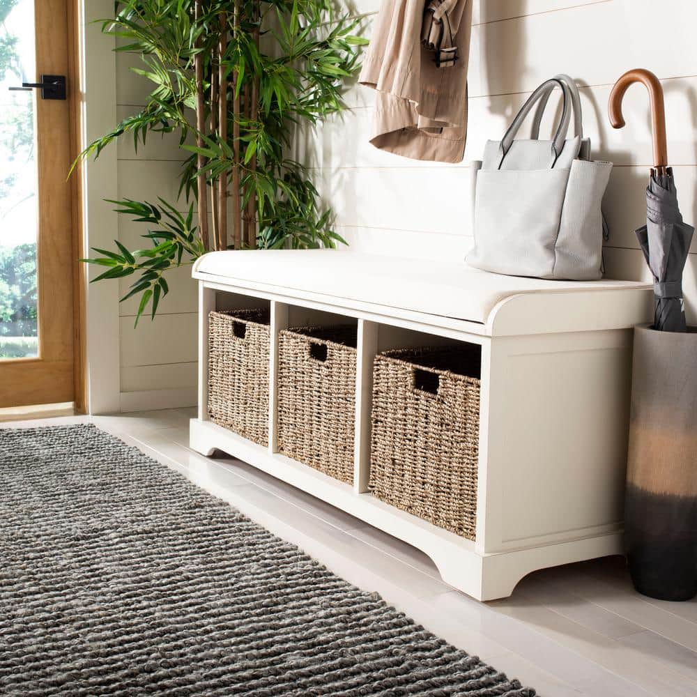 White Pine Storage Bench with Wicker Baskets and Cushion
