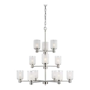 Norwood 12-Light Brushed Nickel Modern Transitional Hanging Chandelier with Clear Highlighted Satin Etched Glass Shades