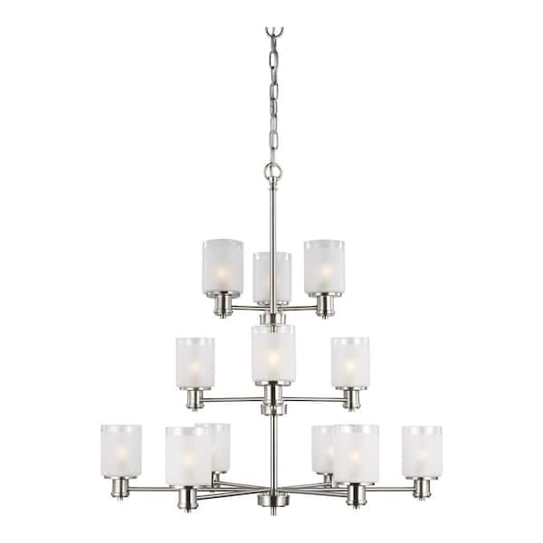 Generation Lighting Norwood 12-Light Brushed Nickel Modern Transitional Hanging Chandelier with Clear Highlighted Satin Etched Glass Shades