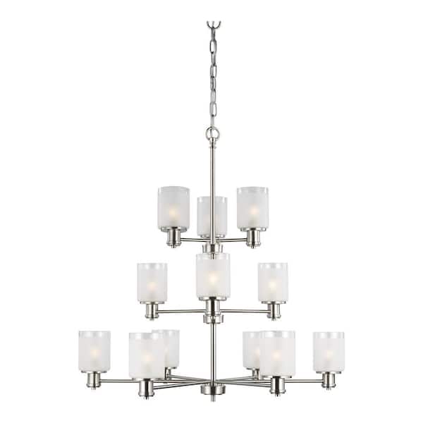 Generation Lighting Norwood 12-Light Brushed Nickel Classic Transitional Chandelier with Clear Satin Etched Glass Shades and LED Bulbs