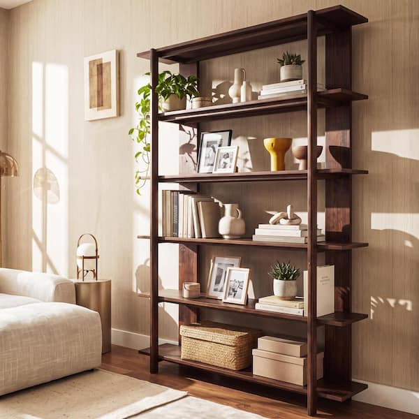 70.2 in. Tall Walnut Wood 4-Shelf Open Bookcase, Acacia Wood Display Bookshelf