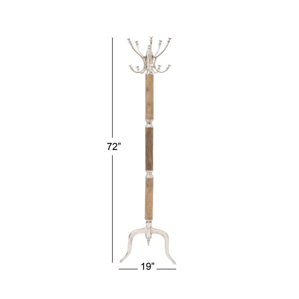 Silver and Wood Tall Coat Rack with Aluminum Hooks