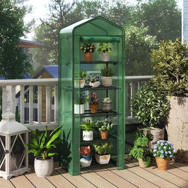 69 in. x 48 in. x 75 in. Mini Greenhouse with 5 Tier Shelves, PE Cover, Roll-up Zipper Door Green