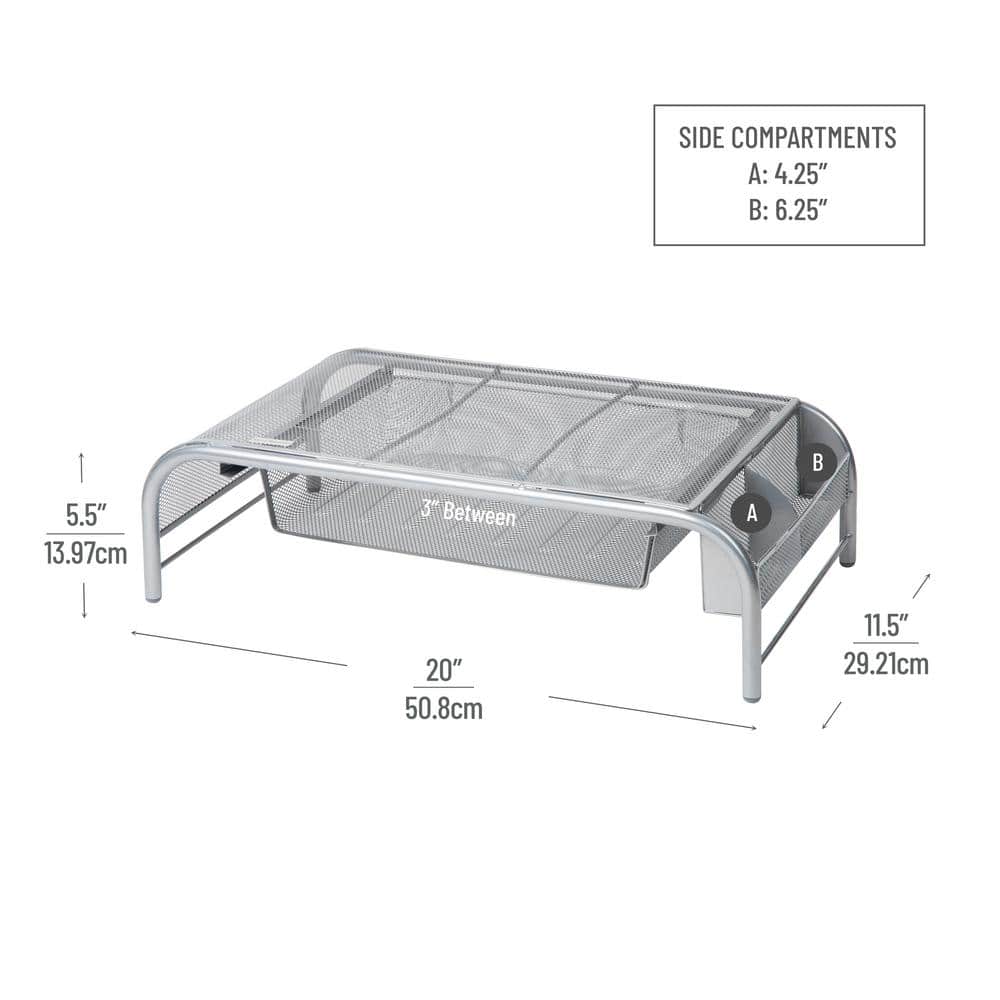 Silver Metal Mesh Monitor Stand with Drawer and Organizer