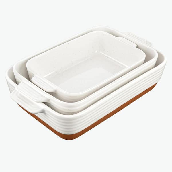TARA Series Ceramic Rectangular Baking Dish Set Khaki White Deep Pan with Handles for Oven Casserole Lasagna 3-Piece
