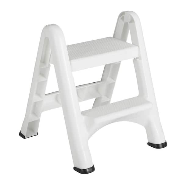 Rubbermaid EZ Two Step Durable Folding Plastic Ladder Step Stool, White