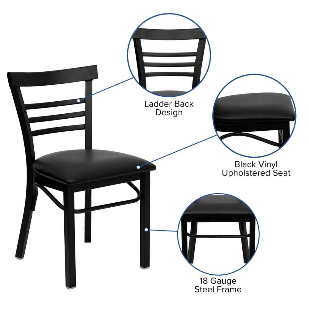 High Slat Ladderback Side Chair in Black Steel with Vinyl Seat