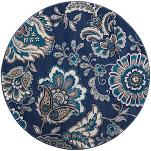 Tremont Lincoln Navy Blue/Grey 5 ft. Floral Round Area Rug