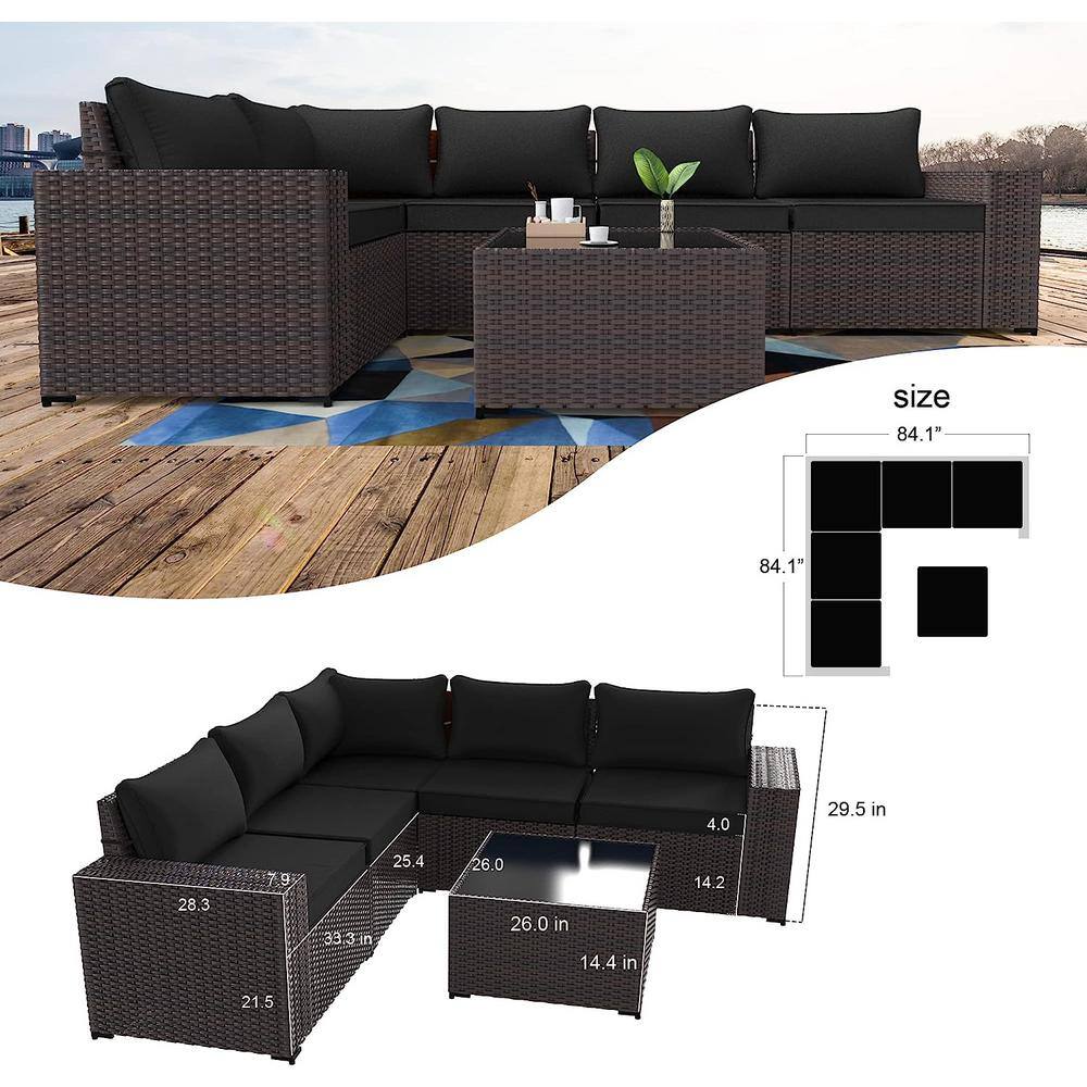6-Piece Brown Wicker Outdoor Sectional Set with Black Cushions