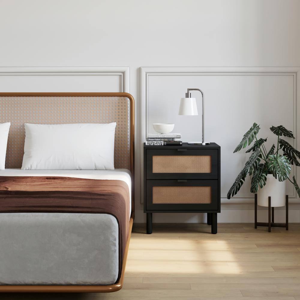 Black and Light Brown Rattan 2-Drawer Nightstand