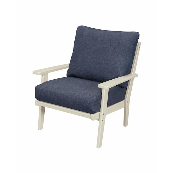 POLYWOOD Grant Park Sand Deep Seating Plastic Outdoor Lounge Chair with Stone Blue Cushion